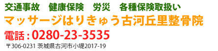 交通事故、健康保険、労災、各種保険取扱い、マッサージはりきゅう古河丘里整骨院、電話：0280-23-3535　〒306-0231　茨城県古河市小堤2017-19