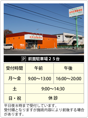 茨城県古河市の古河丘里整骨院は、前面に駐車場25台。受付時間は月～金9:00～13:00・16:00～20:00、土9:00～14:30、日祝休診、平日夜8時まで受付しています。受付順となりますが施術内容により前後する場合があります。