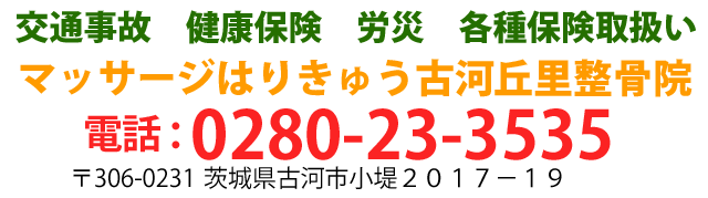 交通事故・健康保険・労災・各種保険取扱マッサージはりきゅう古河丘里整骨院・電話0280-23-3535〒306-0231茨城県古河市小堤2017-19